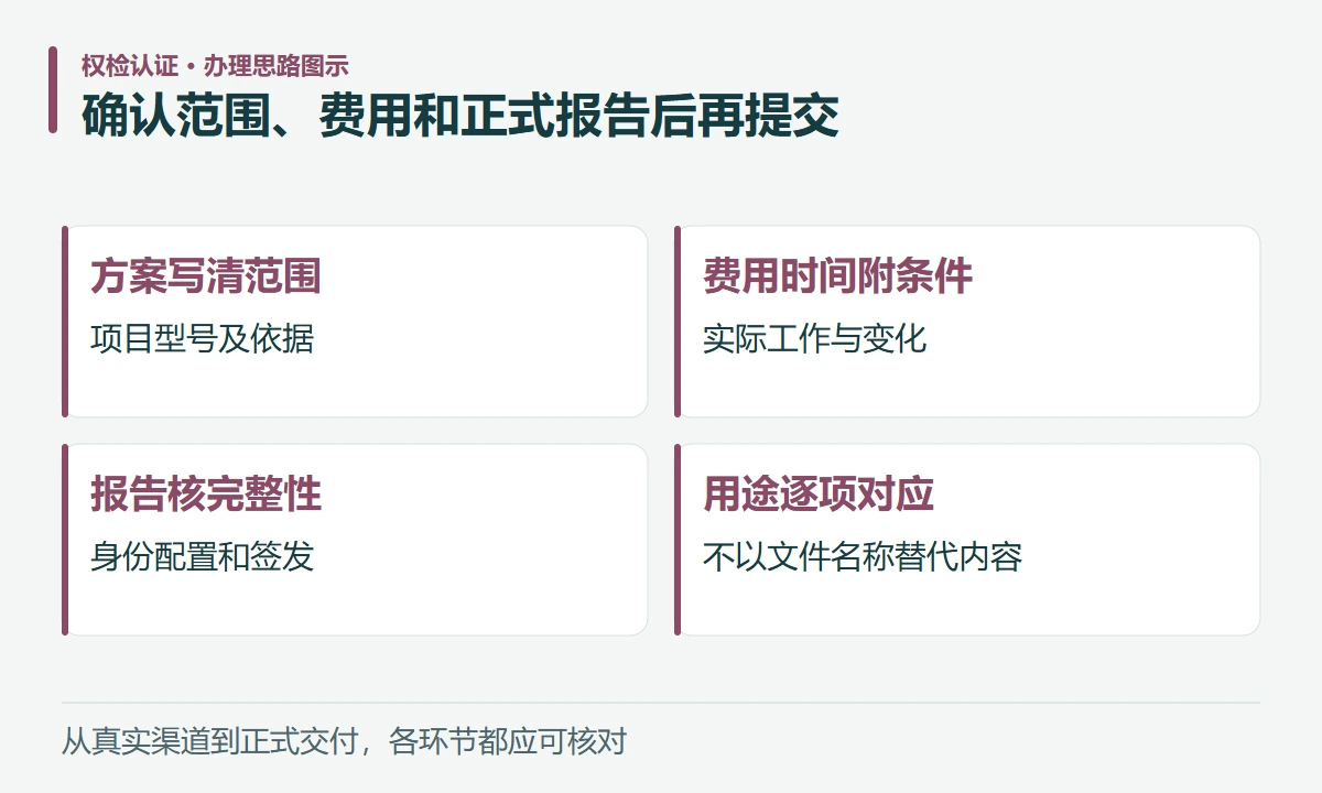 确认范围、费用和正式报告后再提交:方案写清范围,项目型号及依据;费用时间附条件,实际工作与变化;报告核完整性,身份配置和签发;用途逐项对应,不以文件名称替代内容