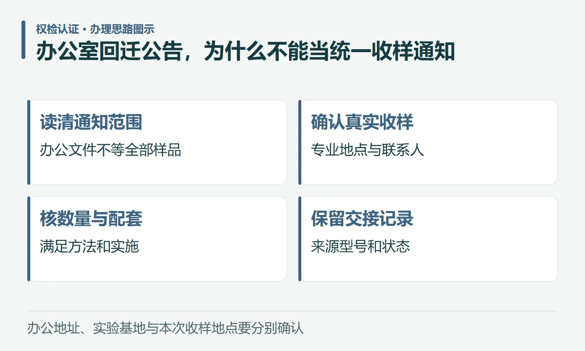 办公室回迁公告,为什么不能当统一收样通知:读清通知范围,办公文件不等全部样品;确认真实收样,专业地点与联系人;核数量与配套,满足方法和实施;保留交接记录,来源型号和状态