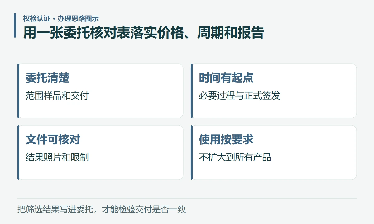 用一张委托核对表落实价格、周期和报告:委托清楚,范围样品和交付;时间有起点,必要过程与正式签发;文件可核对,结果照片和限制;使用按要求,不扩大到所有产品