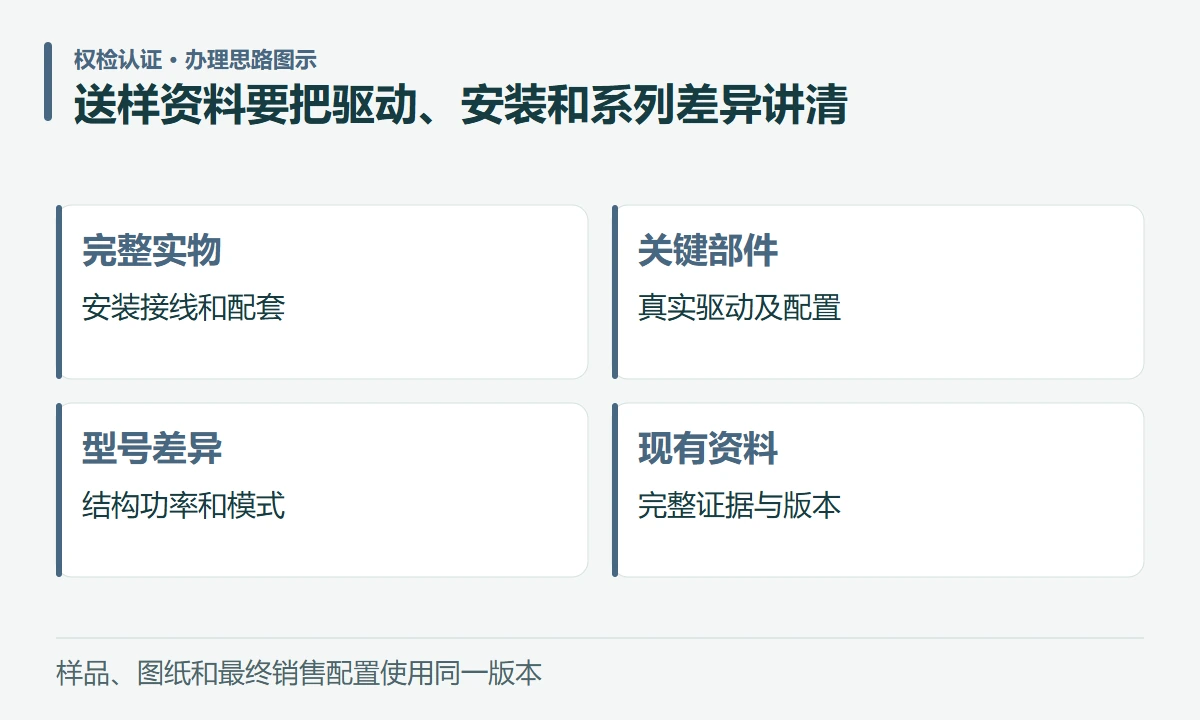 送样资料要把驱动、安装和系列差异讲清:完整实物,安装接线和配套;关键部件,真实驱动及配置;型号差异,结构功率和模式;现有资料,完整证据与版本