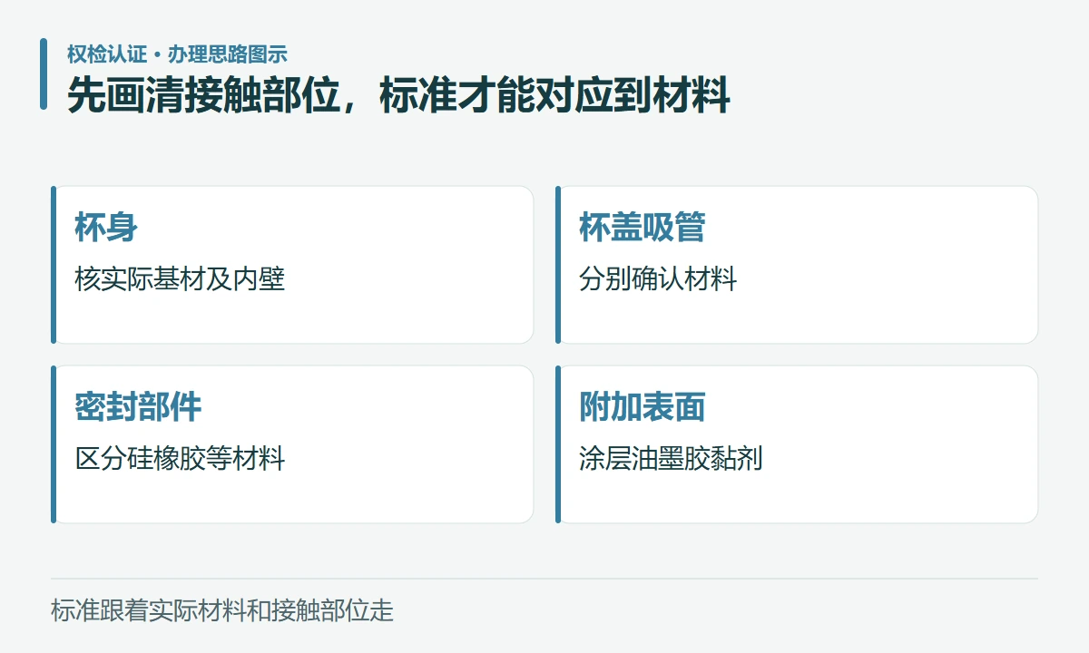 先画清接触部位,标准才能对应到材料:杯身,核实际基材及内壁;杯盖吸管,分别确认材料;密封部件,区分硅橡胶等材料;附加表面,涂层油墨胶黏剂