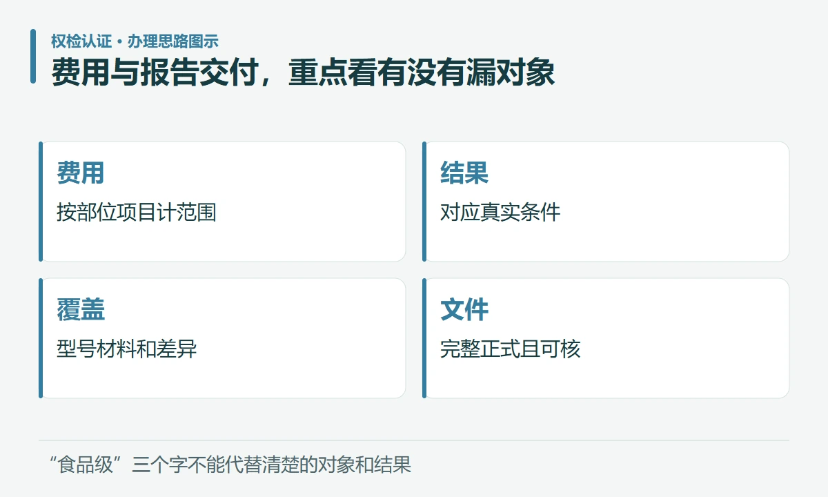 费用与报告交付,重点看有没有漏对象:费用,按部位项目计范围;结果,对应真实条件;覆盖,型号材料和差异;文件,完整正式且可核