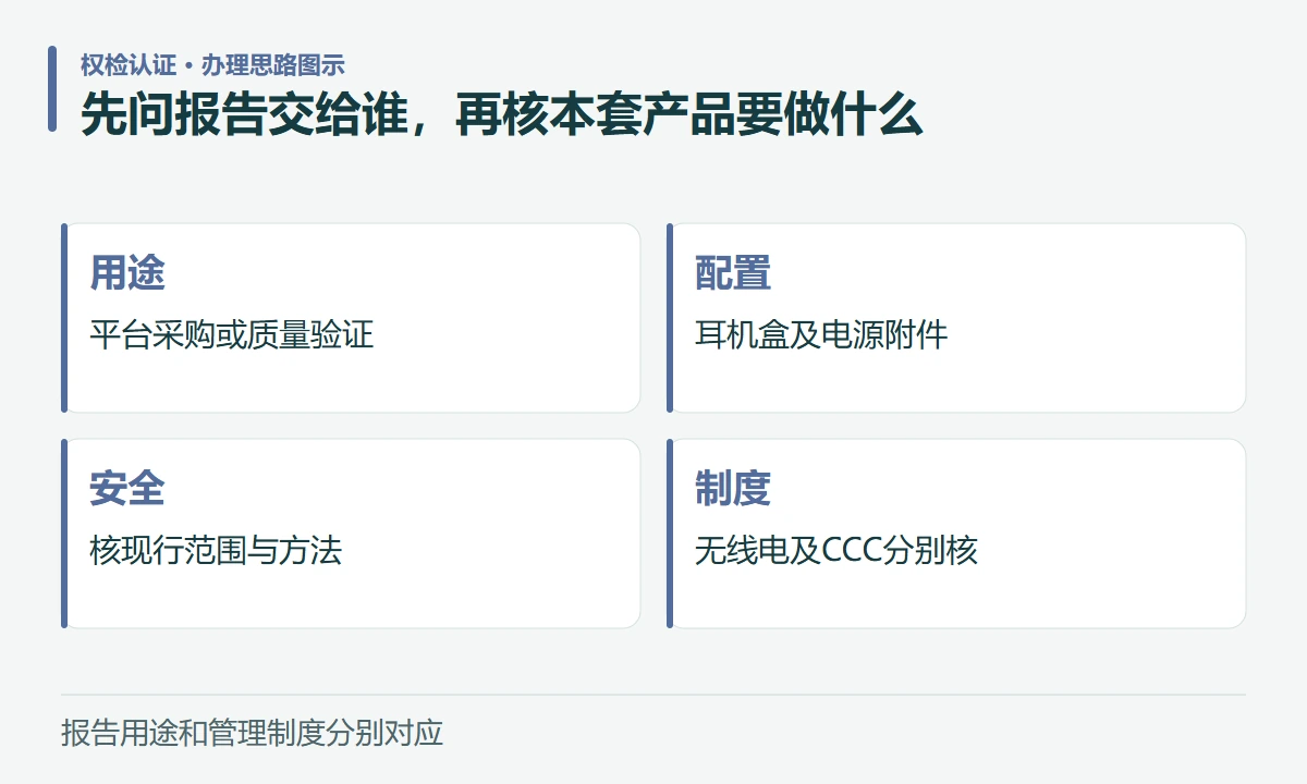 先问报告交给谁,再核本套产品要做什么:用途,平台采购或质量验证;配置,耳机盒及电源附件;安全,核现行范围与方法;制度,无线电及CCC分别核