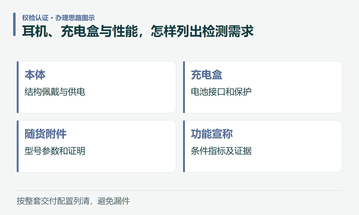 耳机、充电盒与性能,怎样列出检测需求:本体,结构佩戴与供电;充电盒,电池接口和保护;随货附件,型号参数和证明;功能宣称,条件指标及证据