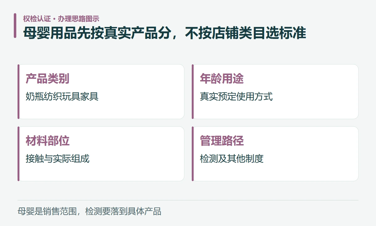 母婴用品先按真实产品分,不按店铺类目选标准:产品类别,奶瓶纺织玩具家具;年龄用途,真实预定使用方式;材料部位,接触与实际组成;管理路径,检测及其他制度