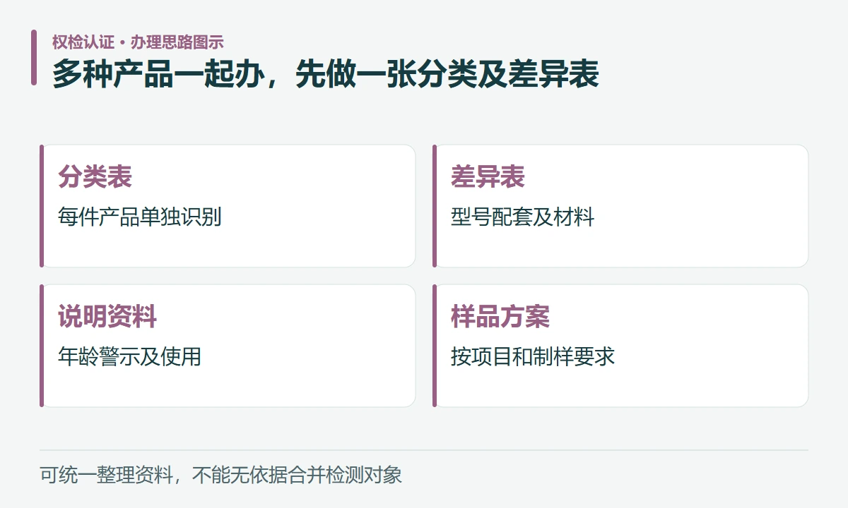 多种产品一起办,先做一张分类及差异表:分类表,每件产品单独识别;差异表,型号配套及材料;说明资料,年龄警示及使用;样品方案,按项目和制样要求
