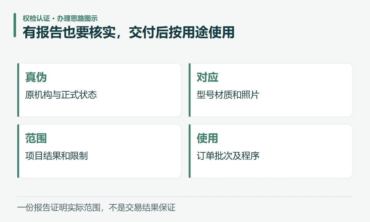 有报告也要核实,交付后按用途使用:真伪,原机构与正式状态;对应,型号材质和照片;范围,项目结果和限制;使用,订单批次及程序