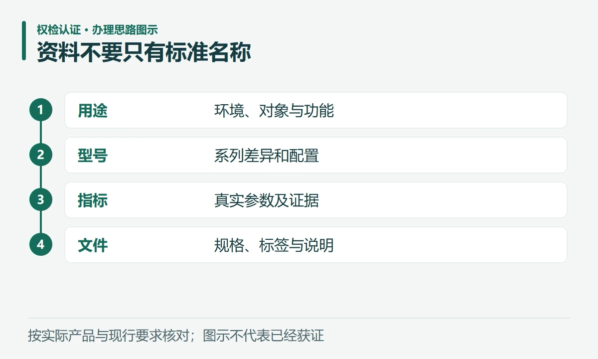 资料不要只有标准名称:用途,环境、对象与功能;型号,系列差异和配置;指标,真实参数及证据;文件,规格、标签与说明