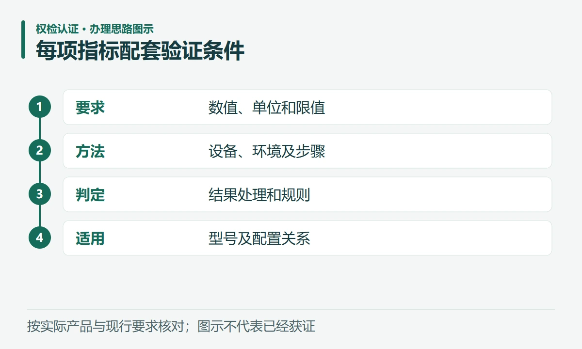 每项指标配套验证条件:要求,数值、单位和限值;方法,设备、环境及步骤;判定,结果处理和规则;适用,型号及配置关系