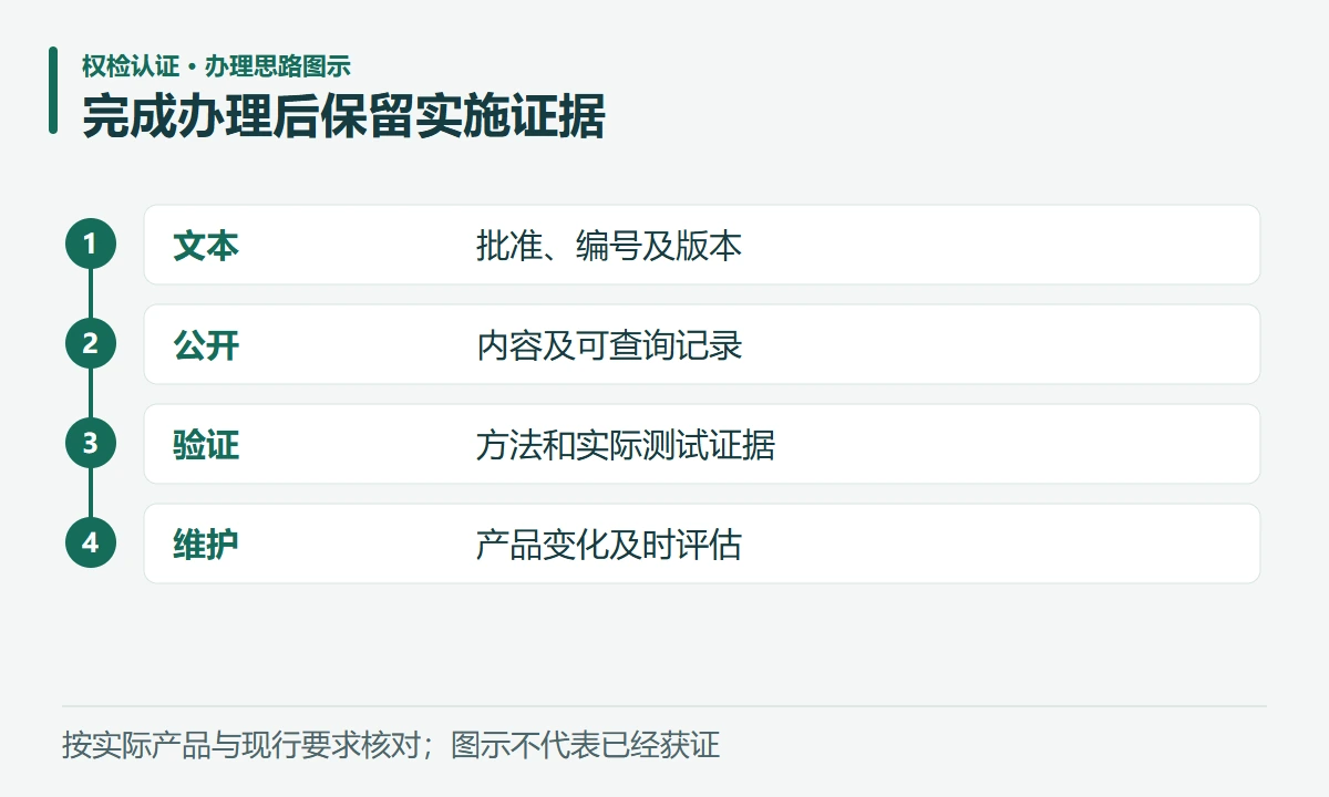 完成办理后保留实施证据:文本,批准、编号及版本;公开,内容及可查询记录;验证,方法和实际测试证据;维护,产品变化及时评估