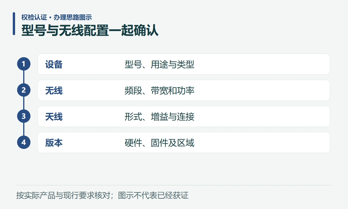 型号与无线配置一起确认:设备,型号、用途与类型;无线,频段、带宽和功率;天线,形式、增益与连接;版本,硬件、固件及区域