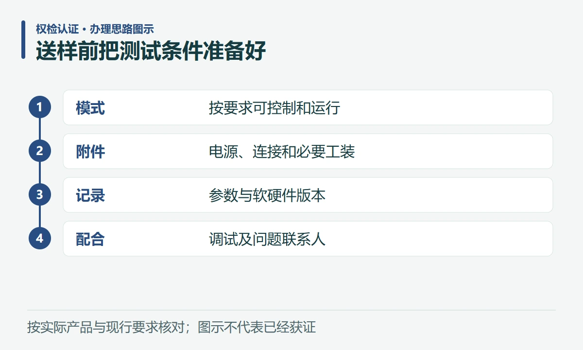 送样前把测试条件准备好:模式,按要求可控制和运行;附件,电源、连接和必要工装;记录,参数与软硬件版本;配合,调试及问题联系人