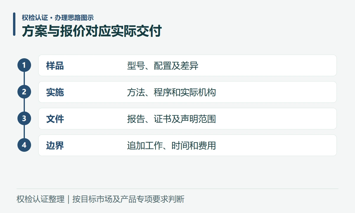 方案与报价对应实际交付:样品,型号、配置及差异;实施,方法、程序和实际机构;文件,报告、证书及声明范围;边界,追加工作、时间和费用
