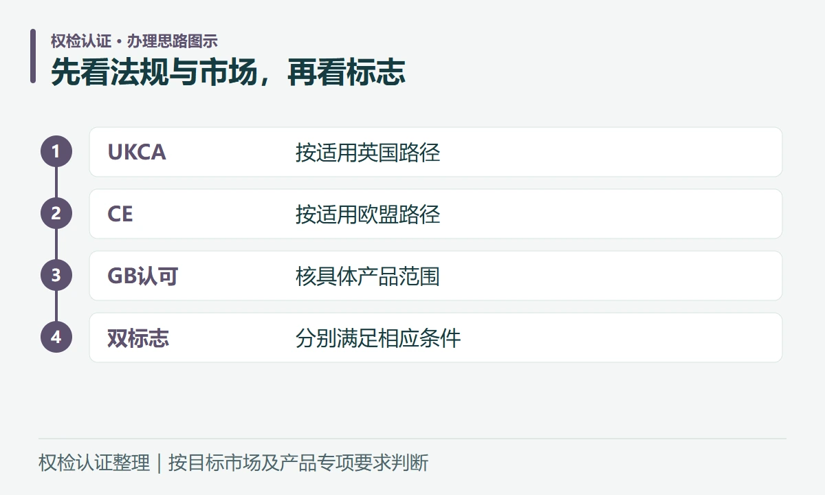 先看法规与市场,再看标志:UKCA,按适用英国路径;CE,按适用欧盟路径;GB认可,核具体产品范围;双标志,分别满足相应条件