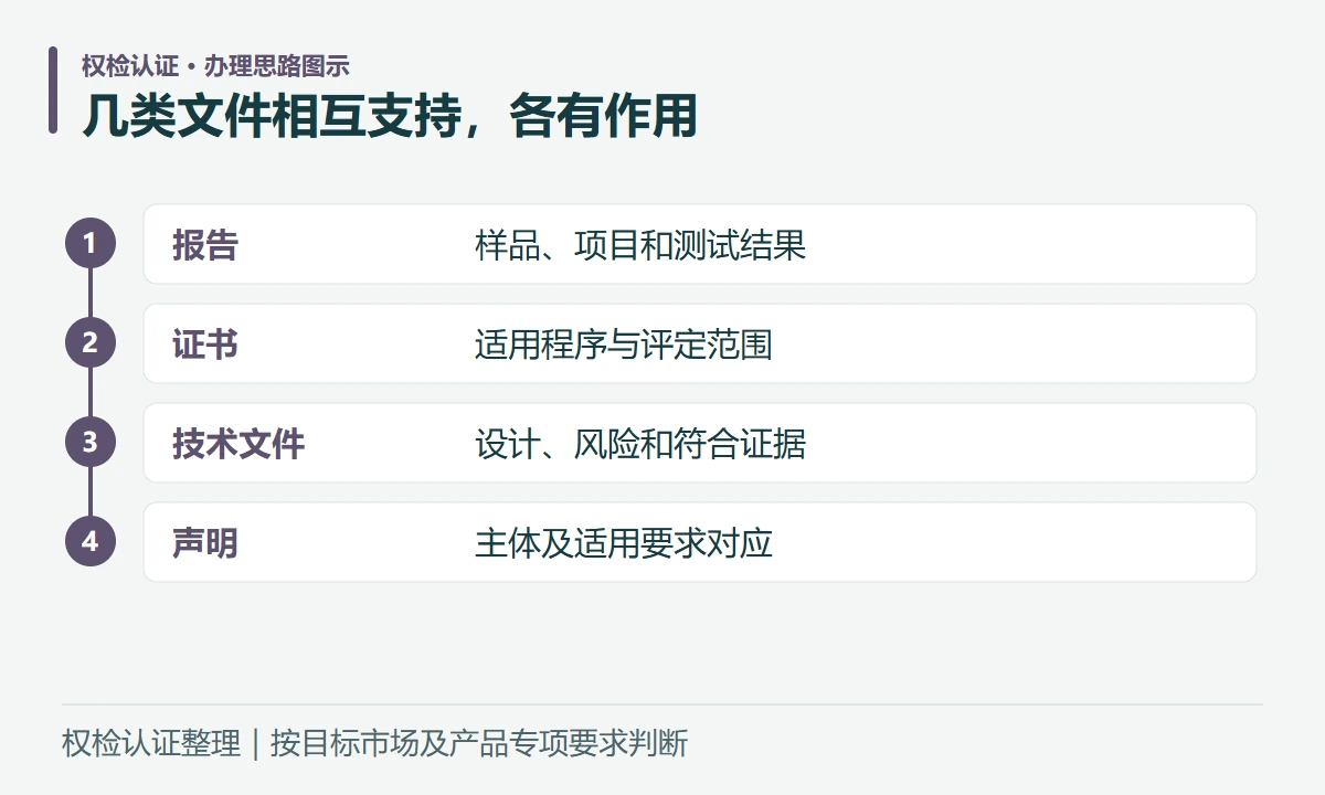 几类文件相互支持,各有作用:报告,样品、项目和测试结果;证书,适用程序与评定范围;技术文件,设计、风险和符合证据;声明,主体及适用要求对应