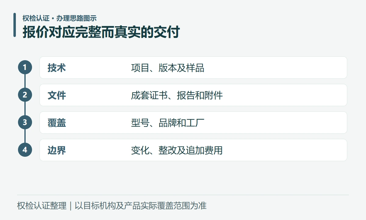 报价对应完整而真实的交付:技术,项目、版本及样品;文件,成套证书、报告和附件;覆盖,型号、品牌和工厂;边界,变化、整改及追加费用