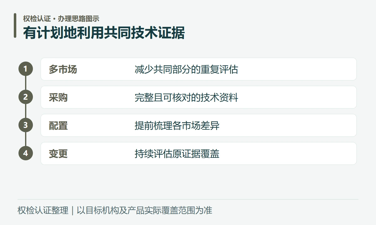 有计划地利用共同技术证据:多市场,减少共同部分的重复评估;采购,完整且可核对的技术资料;配置,提前梳理各市场差异;变更,持续评估原证据覆盖