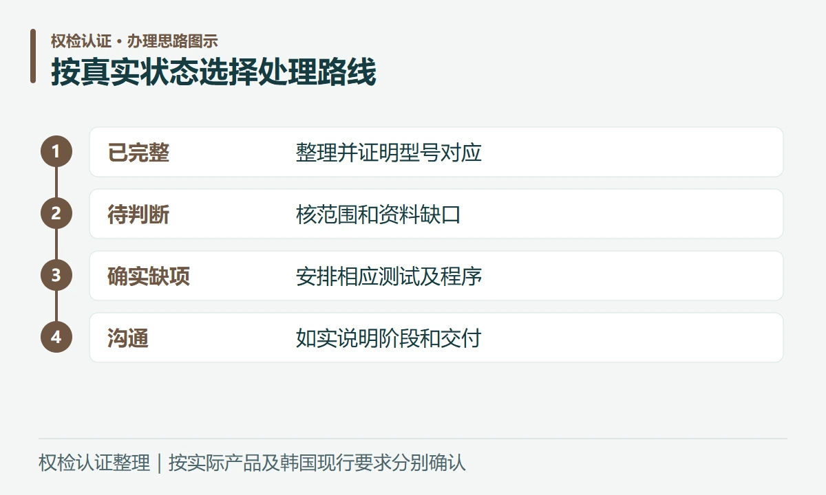按真实状态选择处理路线:已完整,整理并证明型号对应;待判断,核范围和资料缺口;确实缺项,安排相应测试及程序;沟通,如实说明阶段和交付