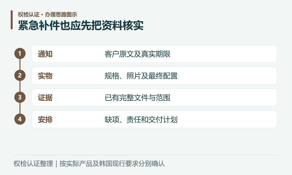 紧急补件也应先把资料核实:通知,客户原文及真实期限;实物,规格、照片及最终配置;证据,已有完整文件与范围;安排,缺项、责任和交付计划