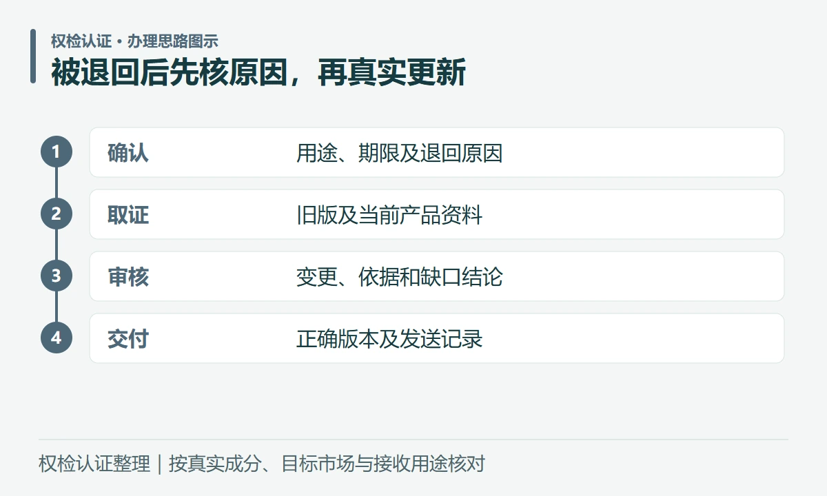 被退回后先核原因,再真实更新:确认,用途、期限及退回原因;取证,旧版及当前产品资料;审核,变更、依据和缺口结论;交付,正确版本及发送记录