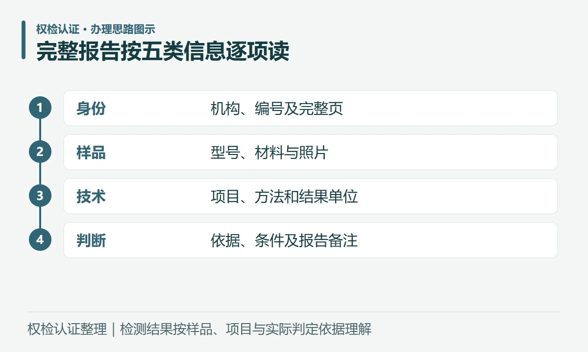 完整报告按五类信息逐项读:身份,机构、编号及完整页;样品,型号、材料与照片;技术,项目、方法和结果单位;判断,依据、条件及报告备注
