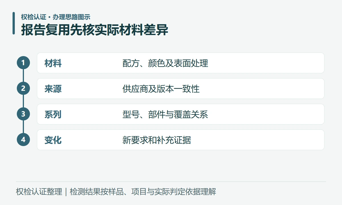 报告复用先核实际材料差异:材料,配方、颜色及表面处理;来源,供应商及版本一致性;系列,型号、部件与覆盖关系;变化,新要求和补充证据