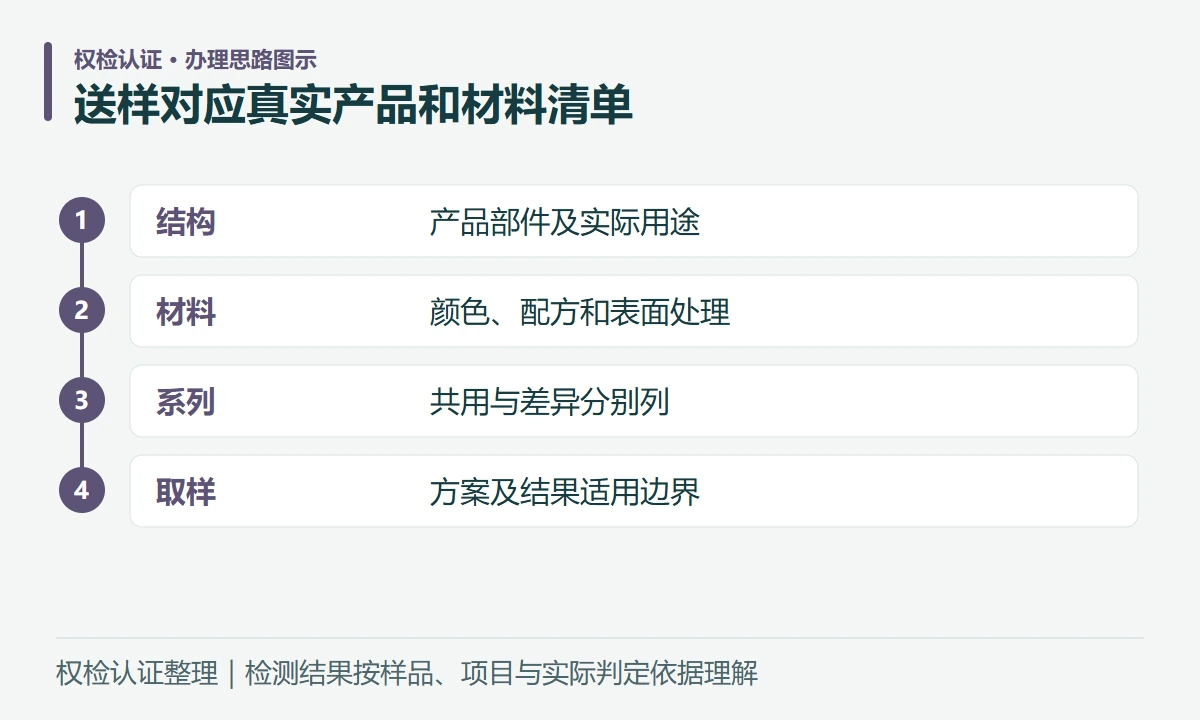 送样对应真实产品和材料清单:结构,产品部件及实际用途;材料,颜色、配方和表面处理;系列,共用与差异分别列;取样,方案及结果适用边界