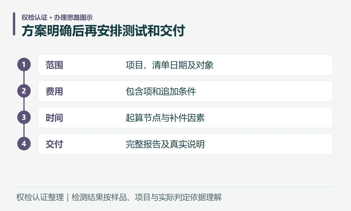 方案明确后再安排测试和交付:范围,项目、清单日期及对象;费用,包含项和追加条件;时间,起算节点与补件因素;交付,完整报告及真实说明