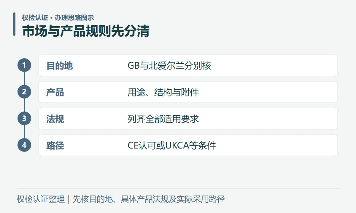 市场与产品规则先分清:目的地,GB与北爱尔兰分别核;产品,用途、结构与附件;法规,列齐全部适用要求;路径,CE认可或UKCA等条件