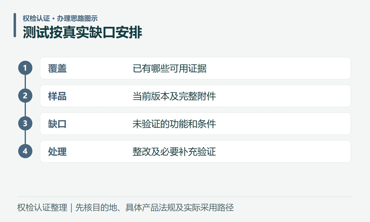 测试按真实缺口安排:覆盖,已有哪些可用证据;样品,当前版本及完整附件;缺口,未验证的功能和条件;处理,整改及必要补充验证