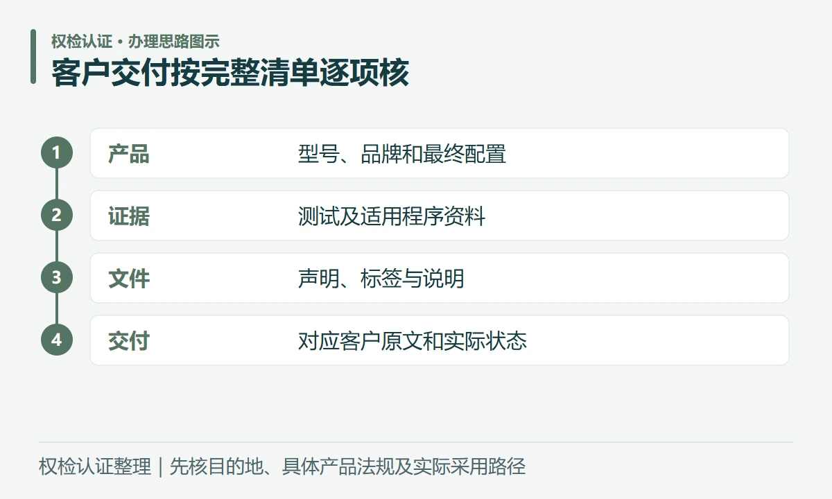客户交付按完整清单逐项核:产品,型号、品牌和最终配置;证据,测试及适用程序资料;文件,声明、标签与说明;交付,对应客户原文和实际状态