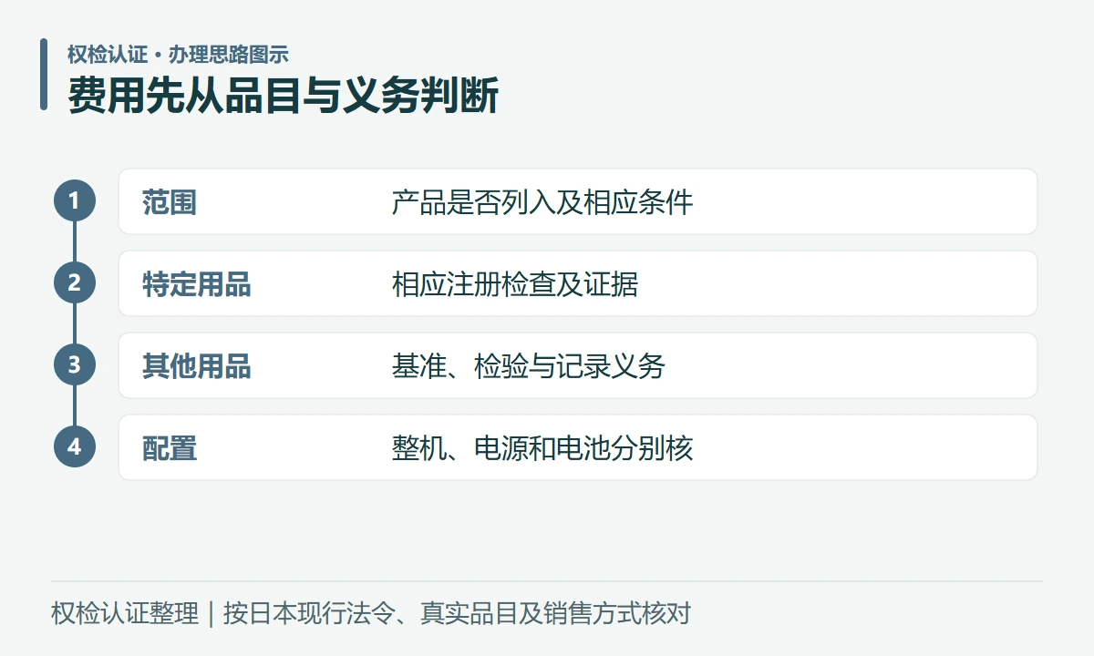 费用先从品目与义务判断:范围,产品是否列入及相应条件;特定用品,相应注册检查及证据;其他用品,基准、检验与记录义务;配置,整机、电源和电池分别核