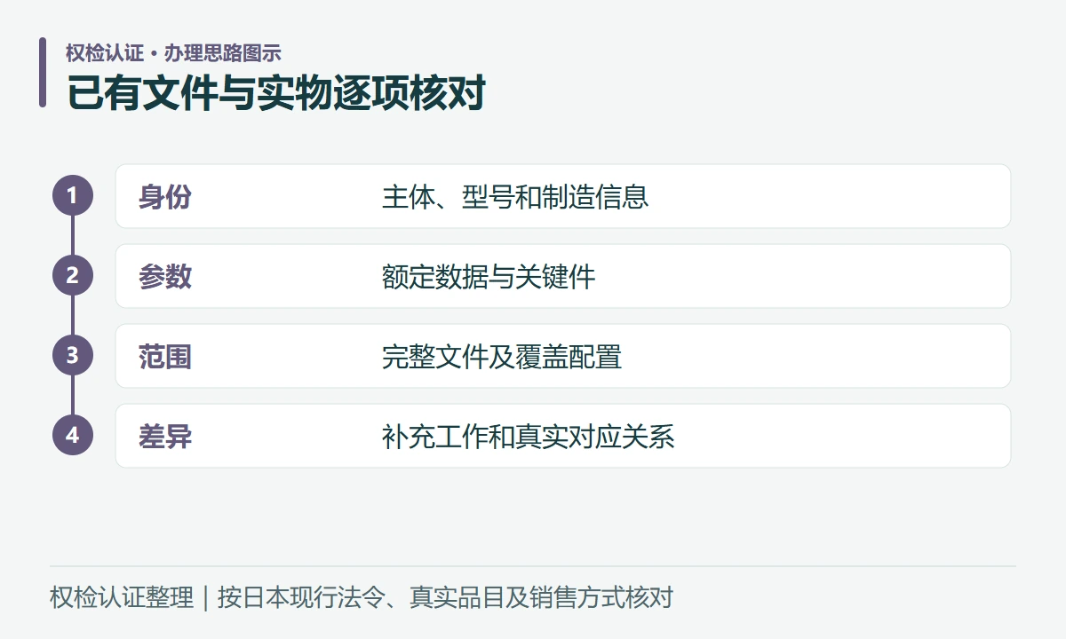 已有文件与实物逐项核对:身份,主体、型号和制造信息;参数,额定数据与关键件;范围,完整文件及覆盖配置;差异,补充工作和真实对应关系