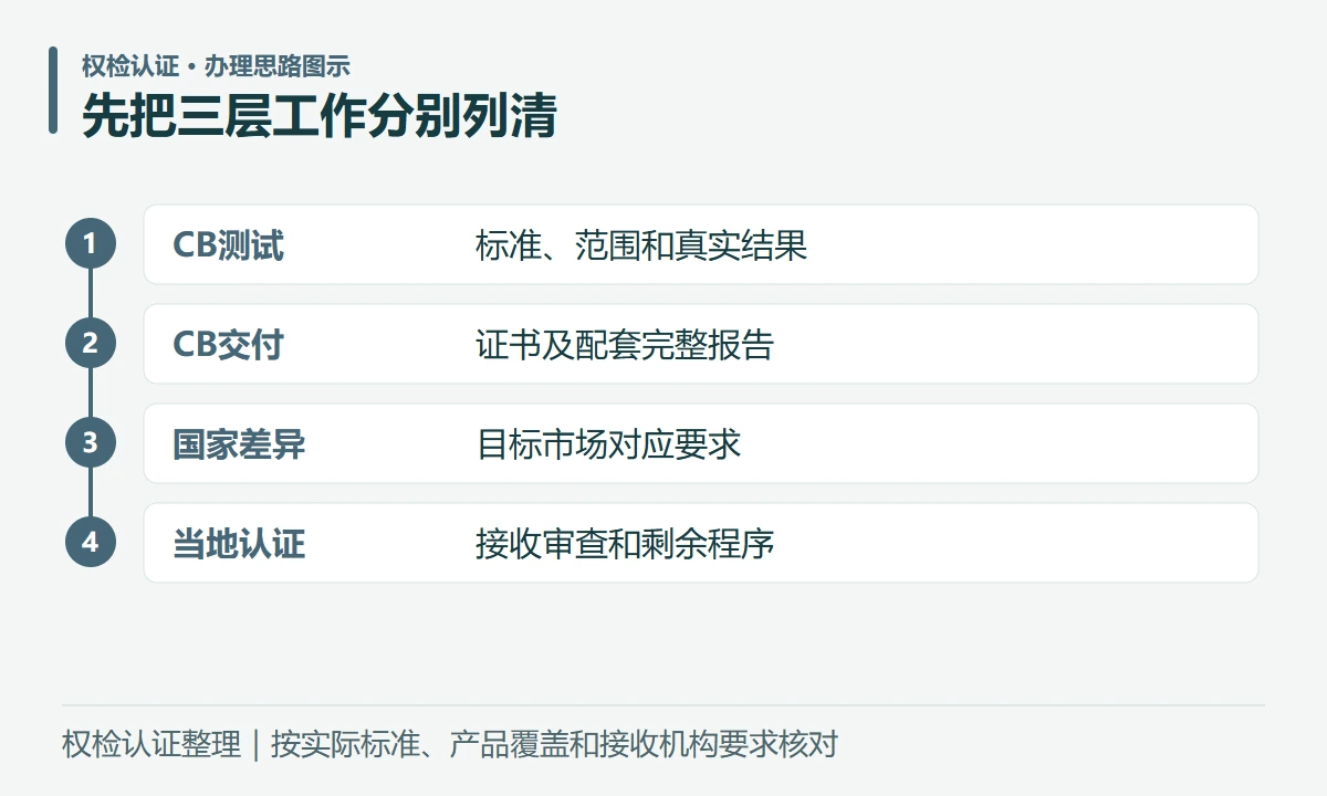 先把三层工作分别列清:CB测试,标准、范围和真实结果;CB交付,证书及配套完整报告;国家差异,目标市场对应要求;当地认证,接收审查和剩余程序
