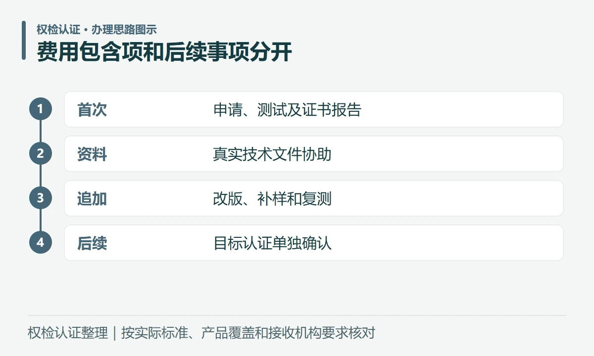 费用包含项和后续事项分开:首次,申请、测试及证书报告;资料,真实技术文件协助;追加,改版、补样和复测;后续,目标认证单独确认