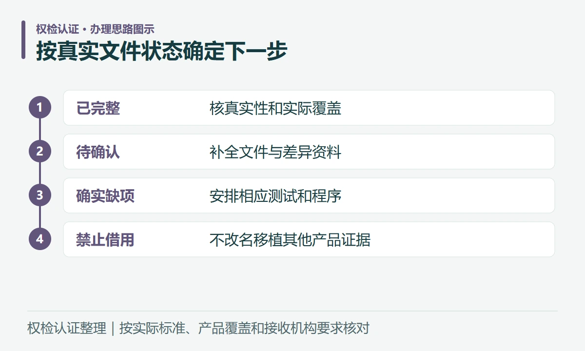 按真实文件状态确定下一步:已完整,核真实性和实际覆盖;待确认,补全文件与差异资料;确实缺项,安排相应测试和程序;禁止借用,不改名移植其他产品证据
