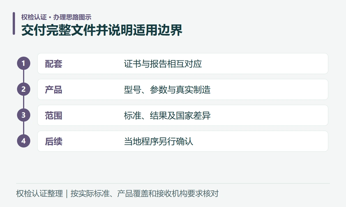 交付完整文件并说明适用边界:配套,证书与报告相互对应;产品,型号、参数与真实制造;范围,标准、结果及国家差异;后续,当地程序另行确认