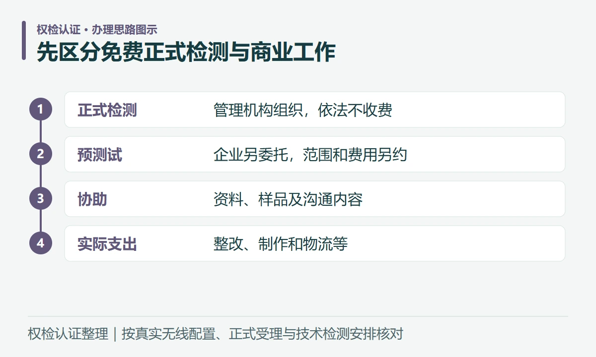 先区分免费正式检测与商业工作:正式检测,管理机构组织,依法不收费;预测试,企业另委托,范围和费用另约;协助,资料、样品及沟通内容;实际支出,整改、制作和物流等