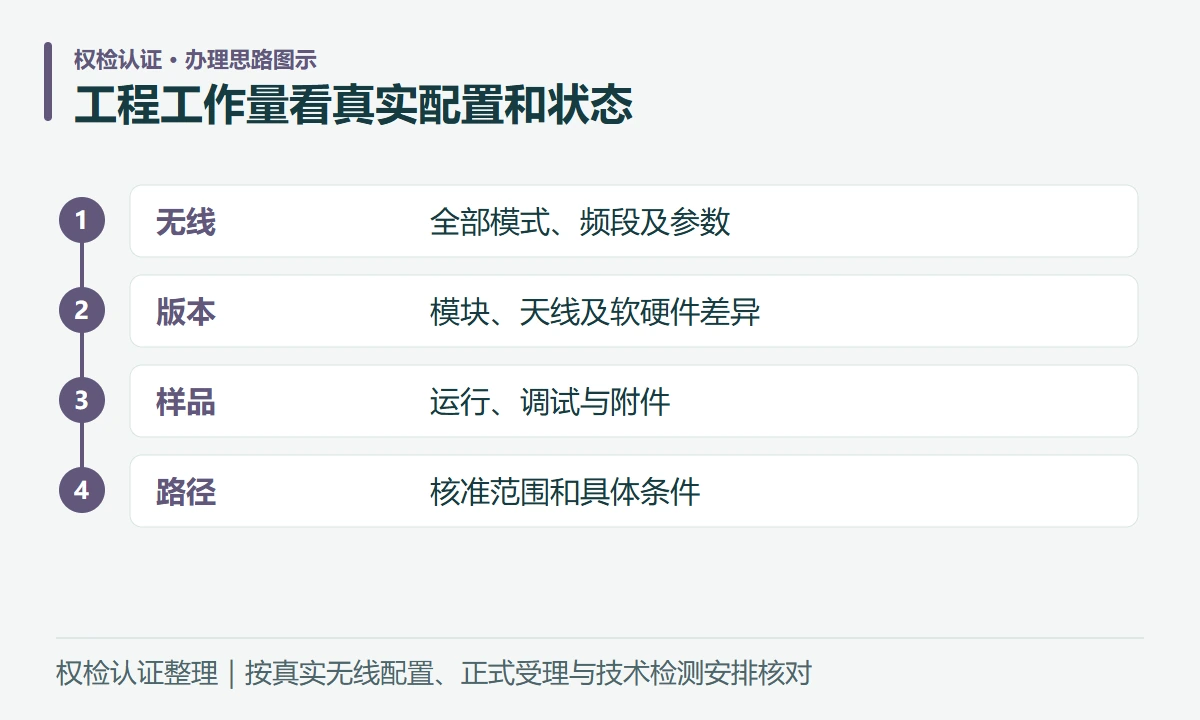 工程工作量看真实配置和状态:无线,全部模式、频段及参数;版本,模块、天线及软硬件差异;样品,运行、调试与附件;路径,核准范围和具体条件
