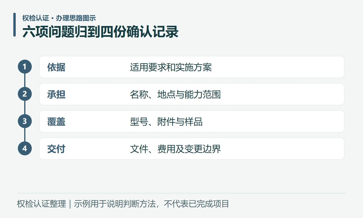 六项问题归到四份确认记录:依据,适用要求和实施方案;承担,名称、地点与能力范围;覆盖,型号、附件与样品;交付,文件、费用及变更边界