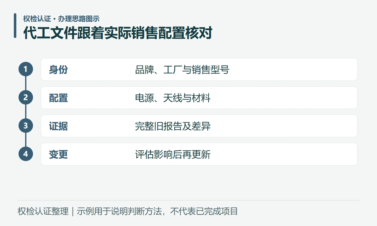 代工文件跟着实际销售配置核对:身份,品牌、工厂与销售型号;配置,电源、天线与材料;证据,完整旧报告及差异;变更,评估影响后再更新