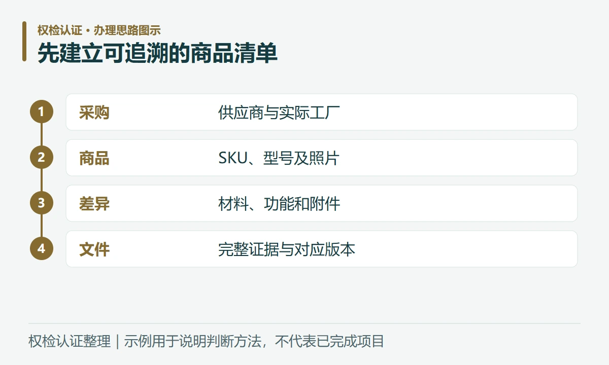 先建立可追溯的商品清单:采购,供应商与实际工厂;商品,SKU、型号及照片;差异,材料、功能和附件;文件,完整证据与对应版本