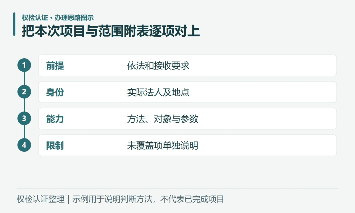 把本次项目与范围附表逐项对上:前提,依法和接收要求;身份,实际法人及地点;能力,方法、对象与参数;限制,未覆盖项单独说明
