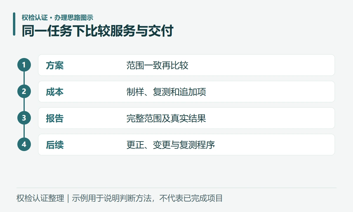 同一任务下比较服务与交付:方案,范围一致再比较;成本,制样、复测和追加项;报告,完整范围及真实结果;后续,更正、变更与复测程序