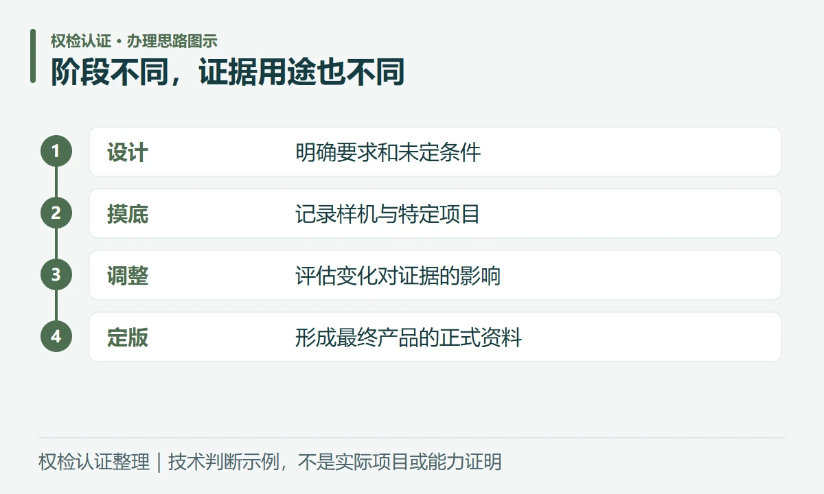 阶段不同,证据用途也不同:设计,明确要求和未定条件;摸底,记录样机与特定项目;调整,评估变化对证据的影响;定版,形成最终产品的正式资料