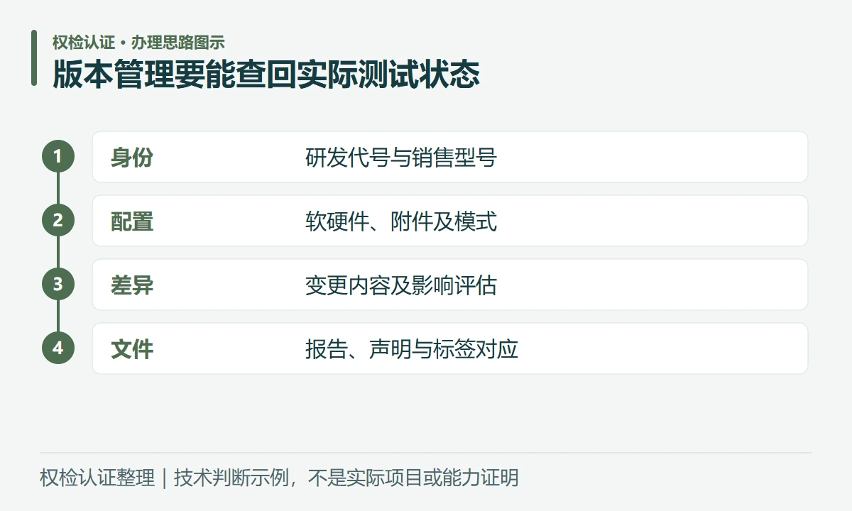 版本管理要能查回实际测试状态:身份,研发代号与销售型号;配置,软硬件、附件及模式;差异,变更内容及影响评估;文件,报告、声明与标签对应