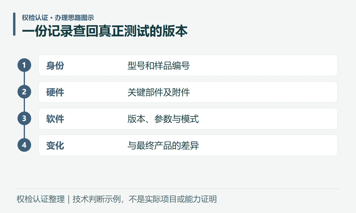一份记录查回真正测试的版本:身份,型号和样品编号;硬件,关键部件及附件;软件,版本、参数与模式;变化,与最终产品的差异