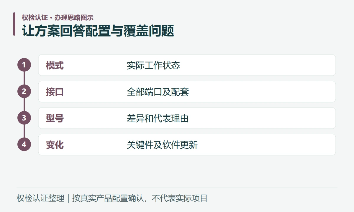让方案回答配置与覆盖问题:模式,实际工作状态;接口,全部端口及配套;型号,差异和代表理由;变化,关键件及软件更新