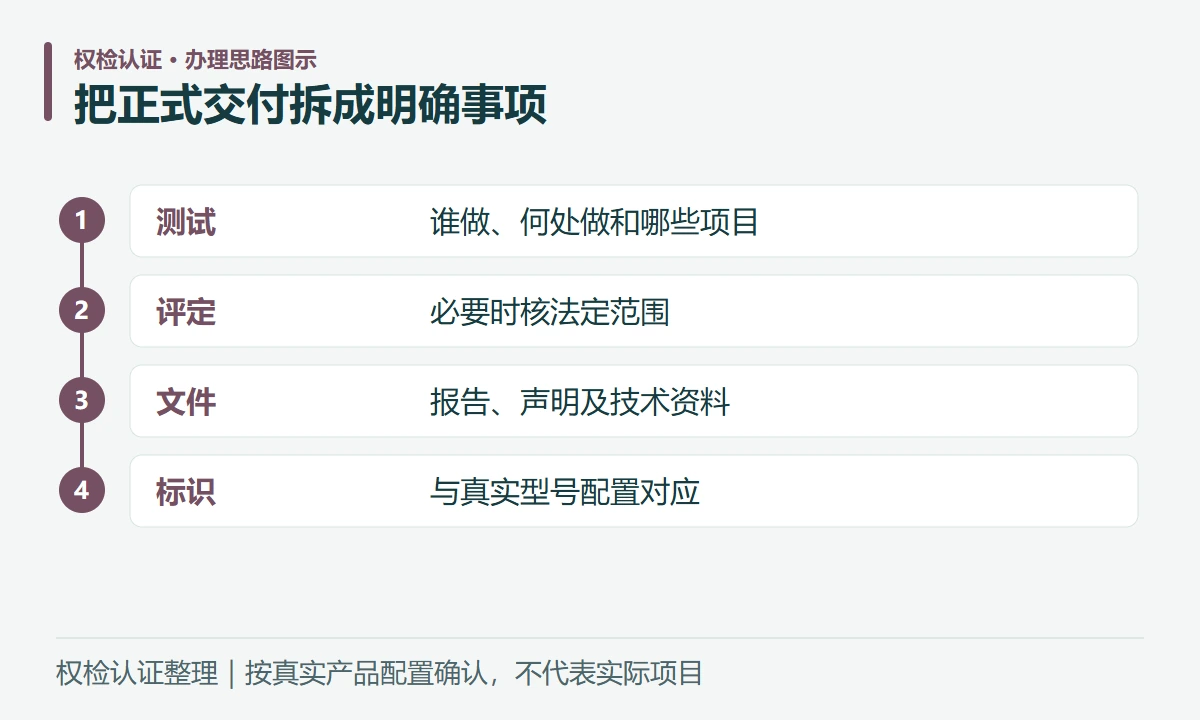 把正式交付拆成明确事项:测试,谁做、何处做和哪些项目;评定,必要时核法定范围;文件,报告、声明及技术资料;标识,与真实型号配置对应