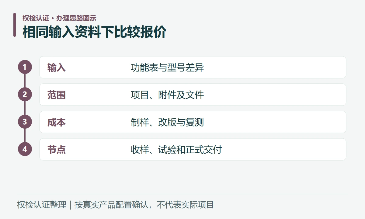相同输入资料下比较报价:输入,功能表与型号差异;范围,项目、附件及文件;成本,制样、改版与复测;节点,收样、试验和正式交付